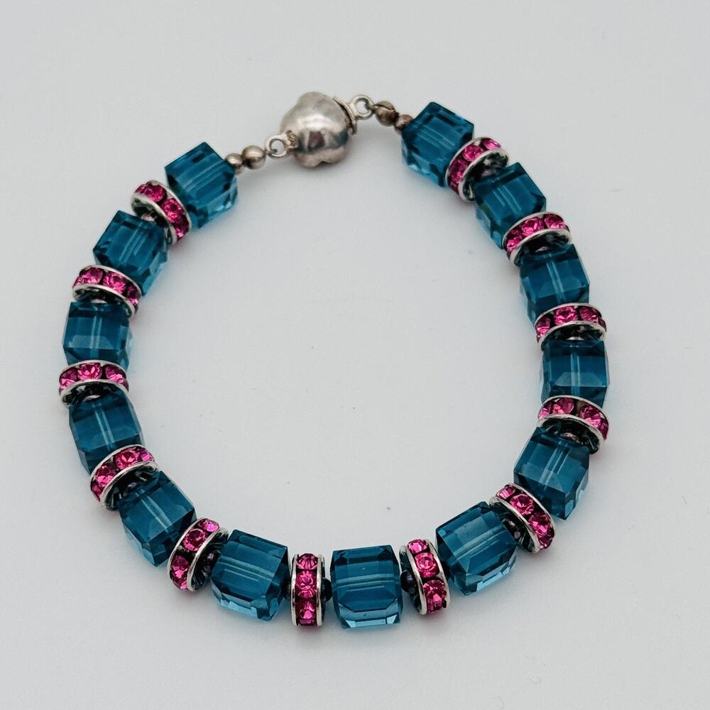 Blue Crystal Pink Rhinestone Bracelet Rose Magnetic 925 Clasp Jewelry Classic - Picture 5 of 12
